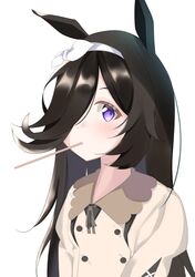  1girl animal_ears bangs black_hair blush closed_mouth collared_dress dress eyebrows_visible_through_hair hair_over_one_eye hairband horse_ears juliet_sleeves kogyokuapple long_hair long_sleeves looking_at_viewer mouth_hold puffy_sleeves ribbon rice_shower_(umamusume) simple_background solo umamusume upper_body violet_eyes white_background white_dress white_hairband white_ribbon 