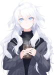  1girl :o bangs black_sweater blue_eyes commentary_request cup eyebrows_visible_through_hair grey_hair grey_jacket highres holding holding_cup jacket long_hair off_shoulder original parted_lips shiny shiny_hair simple_background sleeves_past_wrists solo steam sweater teeth turtleneck turtleneck_sweater upper_body waka_(shark_waka) wavy_hair white_background 