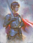  1girl absurdres armor belt berserk breastplate brown_hair casca_(berserk) closed_eyes highres holding holding_sword holding_weapon naranbaatars sheath short_hair sword very_short_hair warrior weapon 