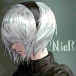  1girl black_hairband closed_mouth copyright_name hair_over_eyes hairband mstm nier_(series) nier_automata puffy_sleeves short_hair simple_background solo yorha_no._2_type_b 