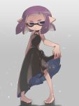  1girl bare_shoulders barefoot black_bow black_dress blue_eyes bow closed_mouth clothes_lift dress dress_bow dress_lift frown full_body gradient gradient_background grey_background highres inkling looking_to_the_side pointy_ears prat_rat purple_hair short_hair simple_background sleeveless solo splatoon_(series) standing white_background 