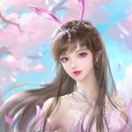 animal_ears blue_sky branch brown_hair cherry_blossoms douluo_dalu dress hair_ornament highres leaf pink_dress pink_eyes rabbit_ears sky xiao_wu_(douluo_dalu) 