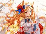  1girl :d animal_ears archetto_(arknights) arknights bangs blonde_hair blue_bow blue_bowtie blue_eyes blush bow bowtie breasts bug butterfly dress fang gloves hair_bow hairband hand_up long_hair long_sleeves looking_at_viewer medium_breasts open_mouth parted_bangs red_bow red_eyes ribbon_trim simple_background skin_fang smile solo spacelongcat upper_body very_long_hair white_background white_dress white_gloves white_hairband wide_sleeves 
