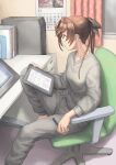  1girl akigumo_(kancolle) book brown_hair calendar_(object) closed_mouth curtains green_eyes grey_pants grey_shirt hair_between_eyes highres holding holding_stylus holding_tablet_pc kantai_collection long_hair long_sleeves pants ponytail shirt sitting solo stylus tablet_pc taruya window 