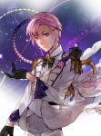  absurdres character_request chinese_commentary closed_mouth flower forever_7th_capital gloves highres ljayu looking_at_viewer male_focus pink_eyes pink_hair rose short_hair sky solo solo_focus star_(sky) starry_sky 