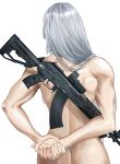  ak-15 ak-15_(girls&#039;_frontline) arms_behind_back ass assault_rifle butt_crack cowboy_shot eesikr from_behind girls_frontline gun highres kalashnikov_rifle muscular muscular_female own_hands_clasped own_hands_together rifle silver_hair weapon white_background 