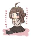  1girl ahoge alternate_costume beige_sweater black_legwear brown_eyes brown_hair brown_skirt commentary_request double_bun eating hairband highres kantai_collection kongou_(kancolle) long_hair lr_hijikata pantyhose pleated_skirt ribbed_sweater simple_background skirt solo sweater white_background 