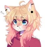  1girl ? ahoge anakoluth animal_ears blonde_hair blue_eyes blush cat_ears cat_girl closed_mouth eyebrows_visible_through_hair furry glasses highres looking_at_viewer medium_hair messy_hair original red_sweater ribbed_sweater round_eyewear sketch solo sweater turtleneck turtleneck_sweater twitter_username upper_body 