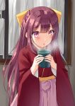  1girl blowing bow cowboy_shot cup hair_bow japanese_clothes kamikaze_(kancolle) kantai_collection kimono long_hair mayura2002 meiji_schoolgirl_uniform mug purple_hair red_eyes red_kimono solo steam window yellow_bow 