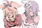  2girls ahoge animal_ears bangs bare_shoulders blonde_hair blue_hair blush bow breasts choker closed_mouth crossed_arms dress eyebrows_visible_through_hair flower fox_ears hair_between_eyes hair_bow hair_flower hair_ornament hair_over_one_eye hololive jacket jewelry kakult2017 long_hair long_sleeves looking_at_another medium_breasts multicolored_hair multiple_girls necklace omaru_polka pink_hair pink_jacket pointy_ears short_sleeves streaked_hair upper_body violet_eyes virtual_youtuber white_dress yellow_eyes yukihana_lamy 