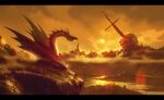  absurdres clouds cloudy_sky dragon forest highres kalmahul letterboxed mountainous_horizon nature no_humans orange_sky original oversized_object planted planted_sword sepia skull sky sun sunset sword valley weapon wyvern 