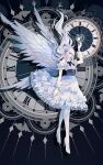  1girl absurdres arm_up bangs clock dress earrings eyebrows_visible_through_hair feathered_wings floating_hair full_body high_heels highres jewelry original profile shadow shan_gui_yu_yao solo white_dress white_footwear white_hair white_wings wings 