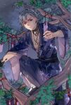  character_request chinese_commentary closed_mouth forever_7th_capital highres in_tree japanese_clothes jewelry kimono ljayu looking_at_viewer necklace paper sandals short_hair sitting sitting_in_tree tree violet_eyes white_hair 