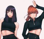  2girls absurdres animification bangs black_hair black_shorts black_sweater blue_eyes blush breasts brown_hair commentary crop_top eyebrows_visible_through_hair highres homuntan k-pop leaning_to_the_side long_hair looking_to_the_side looking_up medium_breasts mina_(twice) momo_(twice) multiple_girls open_hand parted_lips ponytail real_life shorts sweater symbol-only_commentary twice_(group) 