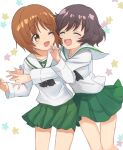  akiyama_yukari bangs blouse brown_eyes brown_hair closed_eyes commentary_request eyebrows_visible_through_hair girls_und_panzer green_skirt hug hug_from_behind long_sleeves looking_at_another looking_back messy_hair miniskirt neckerchief nishizumi_miho one_eye_closed ooarai_school_uniform open_mouth partial_commentary pleated_skirt sailor_collar school_uniform serafuku short_hair skirt smile standing white_blouse white_sailor_collar yaminabe_(szhal14) 