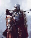  1boy animal armor beard blurry breastplate brown_gloves facial_hair gloves grey_background hand_up helmet highres holding holding_sword holding_weapon horse kalmahul knight male_focus open_mouth original red_robe royal_robe sword weapon 