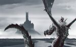  1other absurdres ambiguous_gender blurry blurry_background castle dragon flying from_behind fur_trim grey_sky greyscale highres holding kalmahul monochrome original outdoors riding sitting torn_wings tower water wings wyvern 