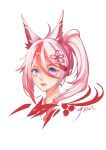  1girl :d absurdres animal_ears bangs blue_eyes fox_ears fox_girl hair_between_eyes hair_ornament highres higokumaru honkai_(series) honkai_impact_3rd long_hair looking_at_viewer multicolored_hair open_mouth pink_hair ponytail sdzy97510 simple_background smile solo streaked_hair white_background 