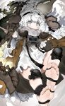  1girl absurdres alchemy_stars barefoot dawn_(alchemy_stars) greek_toe grey_eyes hairband highres long_hair looking_at_viewer menthako mittens soles solo toes white_hair 