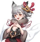  1girl :d absurdres animal_ears azema azur_lane bangs brown_eyes commentary_request eyebrows_visible_through_hair fangs fur-trimmed_sleeves fur_trim grey_hair highres japanese_clothes kimono long_sleeves looking_at_viewer mask mask_on_head nail_polish pink_nails pleated_skirt red_skirt simple_background skirt smile solo steepled_fingers suzutsuki_(azur_lane) teeth upper_teeth white_background white_kimono wide_sleeves 