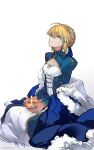  1girl ahoge artoria_pendragon_(fate) blonde_hair blue_cape blue_ribbon braid cape cape_removed dress expressionless fate/grand_order fate_(series) french_braid from_side fur-trimmed_cape fur_trim green_eyes highres indian_style juliet_sleeves long_sleeves looking_up puffy_sleeves ribbon saber sitting solo white_background zeromomo 