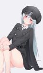  1girl bare_legs barefoot belt black_belt black_headwear black_jacket black_neckwear blush buttons cabbie_hat collared_shirt foot_out_of_frame hair_between_eyes hands_on_own_knees hat head_tilt highres jacket kakoto knees_up legs_together long_hair looking_at_viewer neck_ribbon no_pants open_mouth original own_hands_together panties red_eyes ribbon shirt silver_hair sitting solo thighs twitter_username underwear white_background white_panties white_shirt 