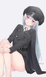  1girl bare_legs barefoot belt black_belt black_headwear black_jacket black_neckwear blush buttons cabbie_hat collared_shirt foot_out_of_frame hair_between_eyes hands_on_own_knees hat head_tilt highres jacket kakoto knees_up legs_together long_hair looking_at_viewer neck_ribbon no_pants open_mouth original own_hands_together panties red_eyes ribbon shirt silver_hair sitting solo thighs twitter_username underwear white_background white_panties white_shirt 