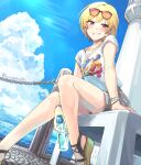  1girl bangs blonde_hair blue_sky blush bottle brown_eyes byougaku clouds collarbone commentary_request drink eyebrows_visible_through_hair eyewear_on_head grin idolmaster idolmaster_shiny_colors looking_at_viewer ocean outdoors ramune saijou_juri sandals shirt short_hair shorts sitting sky smile solo sunglasses tsurime twitter_username watch watch water white_shirt wristband 