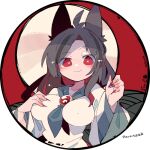  1girl animal_ears antenna_hair avatar_icon black_hair blush breasts bright_pupils brooch closed_mouth commentary_request commission dress eyebrows_visible_through_hair eyes_visible_through_hair fingernails full_moon grey_neckerchief hand_on_breast hands_up imaizumi_kagerou jewelry large_breasts long_fingernails long_hair long_sleeves looking_at_viewer massakasama moon multicolored_hair neckerchief raised_eyebrow red_background red_eyes red_nails redhead round_image sharp_fingernails signature skeb_commission smile solo streaked_hair touhou translation_request upper_body white_dress white_pupils wide_sleeves wolf_ears 