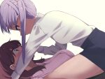  2girls assertive_female blue_eyes blush brown_hair eye_contact hand_on_another&#039;s_face highres long_hair looking_at_another lying multiple_girls new_game! on_back purple_hair simple_background straddling suzukaze_aoba takimoto_hifumi tennosuke_(tejons) twintails violet_eyes wide-eyed yuri 