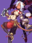  2girls :d animal_ear_fluff animal_ears automaton blue_eyes blue_pupils cat_ears cat_girl cat_tail cross-laced_clothes dark-skinned_female dark_skin facial_mark final_fantasy final_fantasy_xi gloves highres hume leg_up long_sleeves mithra_(ff11) multiple_girls no_eyebrows puffy_sleeves puppetmaster purple_background red_mage short_hair simple_background sleeves_past_elbows smile solo_focus tail teeth white_hair yuccoshi 
