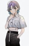  1girl ahoge asakura_tooru bangle bangs belt belt_buckle black_pants blue_hair bracelet breast_pocket buckle buttons closed_mouth collared_shirt cowboy_shot crop_top crop_top_overhang cross cross_earrings dot_nose ear_piercing earrings gradient_hair grey_background grey_eyes hand_in_pocket idolmaster idolmaster_shiny_colors iwawa jewelry looking_at_viewer midriff multicolored_hair no_navel pants parted_bangs piercing pocket purple_hair ring shirt short_sleeves solo white_shirt 