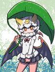  1girl animal_ears bat_ears bat_girl bat_wings bodystocking bow bowtie chibi day eyelashes fang fur-trimmed_sleeves fur-trimmed_sweater fur_collar fur_trim giant_leaf hair_ornament hand_up head_wings highres holding holding_leaf honduran_white_bat_(kemono_friends) kemono_friends kotobuki_(tiny_life) leaf leaf_umbrella long_sleeves looking_at_viewer medium_hair microskirt outdoors outstretched_arm parted_lips plaid plaid_skirt red_eyes skirt solo sweater water_drop wet white_hair wings yellow_pupils 