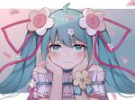  bangs bare_shoulders blue_eyes blue_hair blue_nails blurry blurry_foreground closed_mouth frilled_shirt frills hair_ornament hands_on_own_cheeks hands_on_own_face hatsune_miku highres long_hair looking_at_viewer miku_append petals shirt smile twintails vocaloid vocaloid_append white_shirt yikuaiguapi46577 