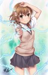  1girl biribiri brown_eyes brown_hair coin cowboy_shot dress_shirt electricity grey_skirt isshi_pyuma making-of_available misaka_mikoto pleated_skirt school_uniform shirt short_hair short_sleeves signature skirt solo sweater_vest toaru_kagaku_no_railgun toaru_majutsu_no_index tokiwadai_school_uniform twitter_username white_background white_shirt 