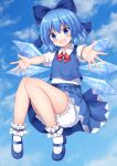  1girl :d absurdres ankle_garter bangs bloomers blue_bow blue_dress blue_eyes blue_footwear blue_hair blue_skirt blue_sky blue_vest blush bobby_socks bow bowtie buttons cirno collared_shirt commentary_request dot_nose dress eyelashes flat_chest floating footwear_ornament full_body hair_bow happy highres ice looking_at_viewer mary_janes open_mouth outstretched_arm puffy_short_sleeves puffy_sleeves red_bow red_bowtie red_neckwear shiny shiny_skin shirt shoes short_hair short_sleeves skirt sky smile snowflake_ornament socks solo suigetsu_(watermoon-910) thighs tongue touhou underwear vest white_legwear white_shirt wing_collar 