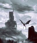  absurdres clouds cloudy_sky dragon english_commentary flying forest giant glowing glowing_eyes grey_sky highres kalmahul mountain nature no_humans original scenery sky tree water western_dragon wings wyvern 