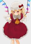  1girl :o absurdres adapted_costume annoyed ascot bangs blonde_hair blush bow crystal doujinshi dress eyebrows_visible_through_hair eyes_visible_through_hair feet_out_of_frame flandre_scarlet frilled_shirt_collar frills furrowed_brow gotoh510 grey_background hair_between_eyes hair_bow hands_on_hips hat hat_bow highres leaning_forward long_hair long_sleeves looking_at_viewer medium_dress mob_cap parted_lips petticoat pointy_ears red_bow red_dress red_eyes side_ponytail simple_background sleeve_bow sleeve_cuffs solo touhou v-shaped_eyebrows white_headwear wings yellow_ascot 