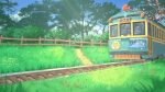  bush cherry_blossoms clouds commentary_request day fence flower grass ground_vehicle highres no_humans original plant railroad_tracks scenery sky sunlight train tree user_swzc2434 