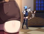  2girls amber_(genshin_impact) ass ball_gag bare_back baron_bunny_(genshin_impact) black_legwear black_leotard blue_hair blurry bound brown_shorts cape commentary depth_of_field english_commentary eula_(genshin_impact) from_behind gag genshin_impact highres hinghoi holding holding_whip leotard long_hair multiple_girls out_of_frame pocket red_legwear shibari short_hair short_shorts shorts sidelocks stuffed_animal stuffed_bunny stuffed_toy thigh-highs tied_up_(nonsexual) whip window zettai_ryouiki 