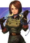  1girl bangs belt black_gloves breasts brown_eyes brown_hair choker collared_shirt feet_out_of_frame forehead gloves hankuri holding holding_whip lips looking_at_viewer medium_breasts shirt short_hair solo swept_bangs the_king_of_fighters whip whip_(kof) 