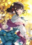  1girl :d ahoge autumn_leaves bangs blue_bow blue_bowtie blue_skirt blush bow bowtie braid brown_eyes brown_hair commentary_request cowboy_shot elise_(piclic) eyebrows_visible_through_hair frilled_shirt_collar frills hair_ribbon high-waist_skirt highres long_sleeves looking_at_viewer open_mouth original plaid plaid_skirt puffy_long_sleeves puffy_sleeves red_ribbon red_scarf ribbon scarf shirt short_hair skirt smile solo standing teeth tree upper_teeth white_shirt 