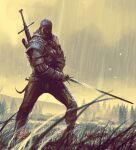  absurdres armor brown_gloves brown_pants brown_sky clouds day geralt_of_rivia gloves glowing glowing_eyes grass highres holding holding_sword holding_weapon kalmahul long_hair long_sleeves looking_at_viewer outdoors pants ponytail shaded_face sheath sheathed shoulder_plates sword the_witcher_(series) the_witcher_3 tree weapon weapon_on_back 