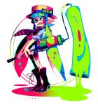  +_+ 1girl amakusa_(hidorozoa) aqua_shirt bad_source bangs black_footwear black_shorts blue_bow blue_hair blue_shirt boater_hat boots bow fang full_body hat hat_bow holding holding_weapon ink_tank_(splatoon) inkling looking_at_viewer necktie open_mouth pink_eyes pink_necktie roller_brush shirt short_shorts shorts simple_background sleeves_rolled_up smile splatoon_(series) standing v-shaped_eyebrows weapon white_background yellow_headwear 