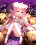  1girl absurdres animal_ears bangs bat bear_ears bettle_(b_s_a_n) blurry blurry_foreground bow crown dress_bow fangs hair_bow hair_ornament halloween heart heart-shaped_pupils highres himekuma_ribon jack-o&#039;-lantern knees_up long_hair paw_pose pink_footwear pink_hair pink_ribbon purple_background re:act ribbon sitting solo sparkle stuffed_animal stuffed_toy symbol-shaped_pupils teddy_bear thigh-highs virtual_youtuber 
