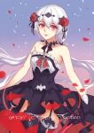  1girl absurdres armpits bangs black_dress black_gloves black_legwear blue_background closed_mouth dress flower gloves hair_flower hair_ornament highres holding holding_sword holding_weapon honkai_(series) honkai_impact_3rd lips long_hair looking_at_viewer petals red_eyes red_flower red_rose rose sdzy97510 sleeveless sleeveless_dress solo sword theresa_apocalypse theresa_apocalypse_(luna_kindred) thigh-highs twintails two-tone_background weapon white_hair 