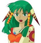 1girl bangs english_commentary feena_(grandia) grandia grandia_i green_eyes green_hair hair_ornament hair_tubes hontani_toshiaki jewelry long_hair looking_at_viewer necklace official_art open_mouth portrait serious simple_background solo teeth upper_body upper_teeth white_background wide_sleeves 