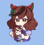  1girl :d :o animal_ears blue_background blush bow brown_eyes brown_hair character_doll commentary_request cropped_torso doll ear_bow green_bow hitomiz holding holding_doll horse_ears multicolored_hair nice_nature_(umamusume) parted_lips puffy_short_sleeves puffy_sleeves purple_shirt shirt short_sleeves simple_background smile solid_circle_eyes solo streaked_hair tokai_teio_(umamusume) twintails umamusume upper_body white_hair 