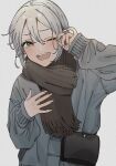  1girl anastasia_(idolmaster) arm_up bag bangs blue_coat blush coat grey_background grey_eyes grey_hair hand_on_own_chest handbag idolmaster idolmaster_cinderella_girls iwawa laughing long_sleeves looking_at_viewer one_eye_closed open_mouth scarf shoulder_bag smile solo tearing_up upper_body 