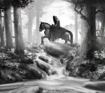  1boy absurdres bush facing_to_the_side facing_viewer flower forest from_side grey_background greyscale hidden_face highres hood hood_up horse kalmahul legendarium monochrome nature nazgul riding robe stream the_lord_of_the_rings tree water 